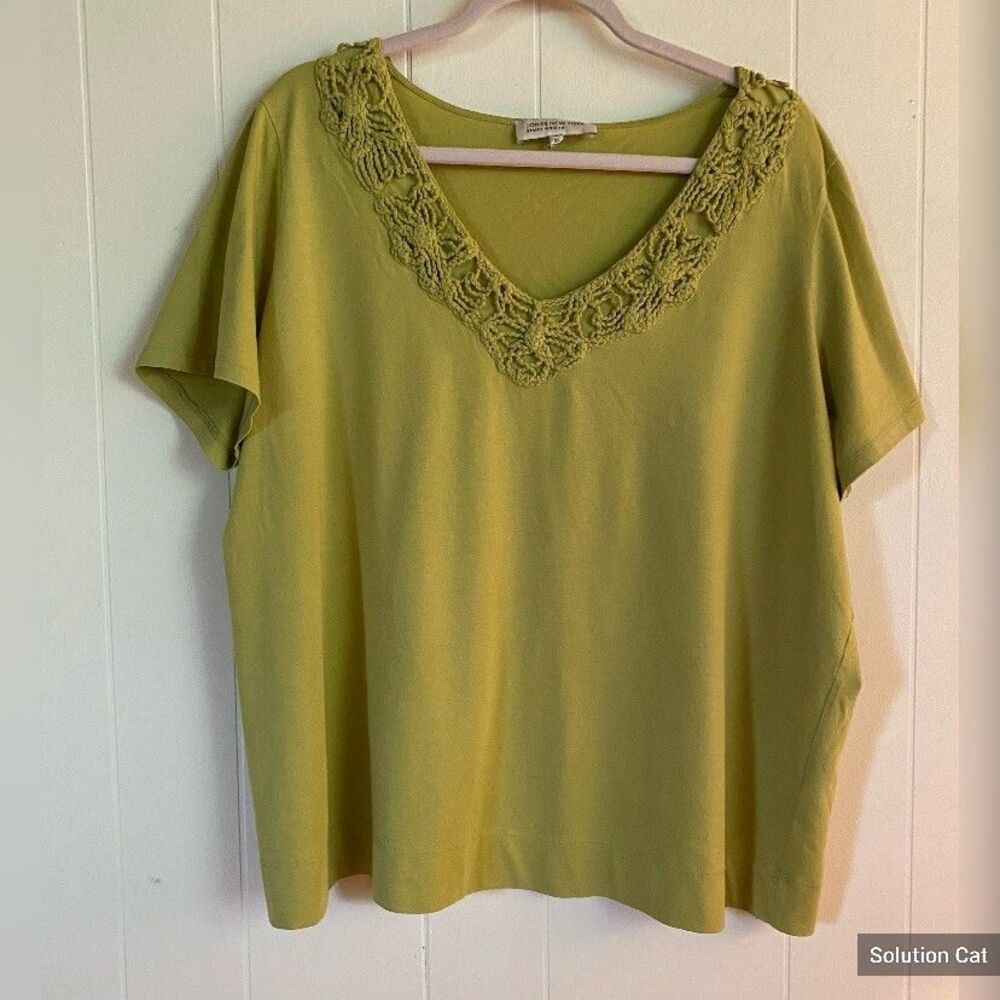 Jones New York Blouse Women’s 3X Light Green Cotton Macramé neckline.